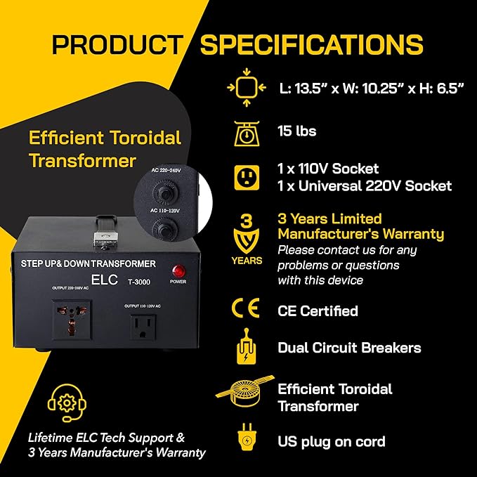 ELC T Series 3000 Watt Voltage Converter Transformer - Step Up/Down - 110v to 220v / 220v to 110v Power Converter - Circuit Breaker Protection, CE Certified [3-Years Warranty]